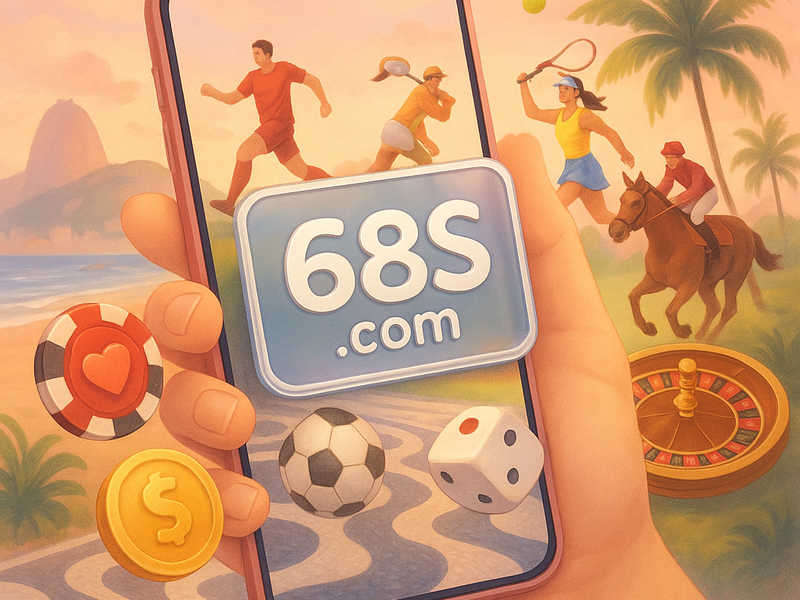 Uma mão segurando um celular moderno com a tela de um jogo de cassino do 68S.com, com moedas douradas ao redor.